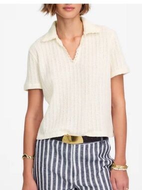 Madewell Bali Crochet Polo Top-Ivory-Lace Trim Crop V-Neck Short Sleeve Knit-SM